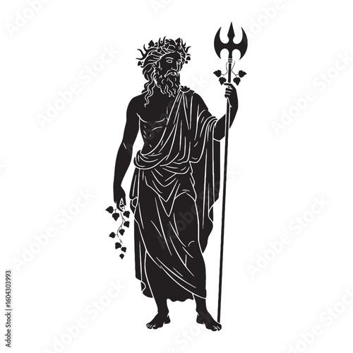Theatrical Dionysus digital black vector, representing the god of drama's unforgettable appearance – Dionysus silhouette – Dionysus Vector – Silhouette of Dionysus – Greek god vector

