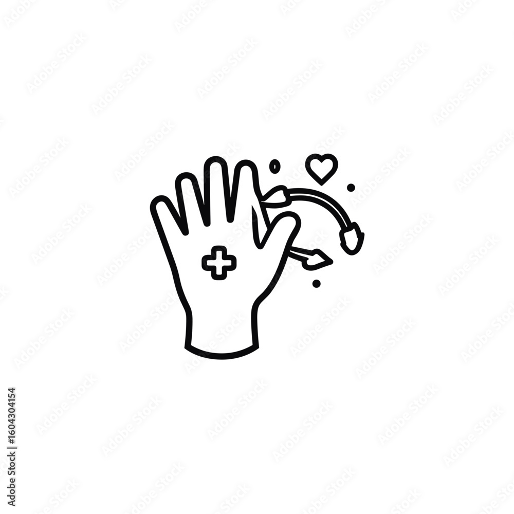 Obraz premium Hand with medical cross symbol and hearts representing health and care, minimalist line art