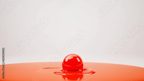 Red liquid droplet: Captivating moment frozen in time: A vibrant red liquid droplet elegantly ascends from a pool, a mesmerizing display of fluid dynamics against a soft backdrop 4k video