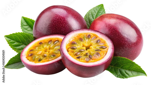 Delicious ripe passion fruit halves and whole fruits isolated on white background