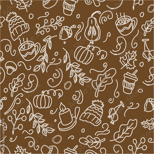Hand-drawn seamless pattern with cozy seasonal elements like pumpkins, leaves, berries, hot drinks, and knit hats. Brown background for wrapping paper, fabric, seasonal decor, and digital projects.