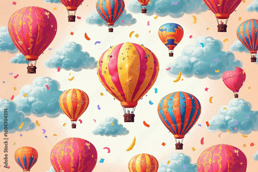 Naklejka premium Vibrant hot air balloons fly among clouds with falling confetti. Cheerful illustration for celebration, adventure, or imaginative designs.