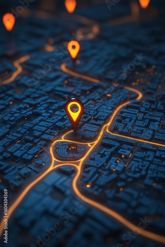 Vertical digital city map with luminous paths and pinpoint markers, expressing navigation and geographic data.