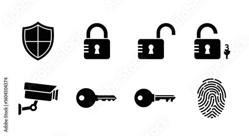 Security icons depicting locks, keys, a shield, surveillance camera, and fingerprint.