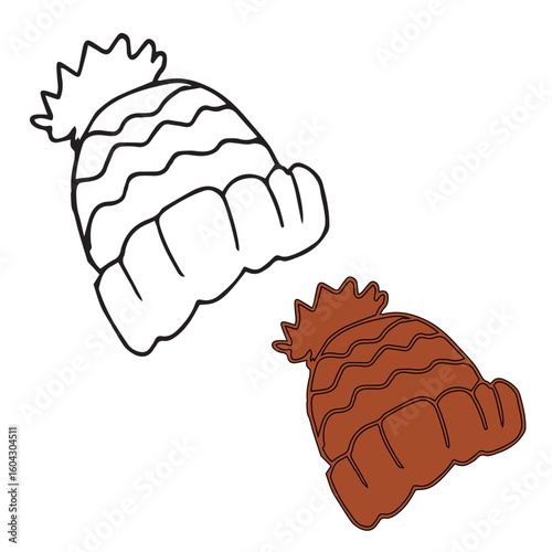 doodle knitted hat with a pompom in two versions contour and painted in autumn warm shades for the design of postcards, prints, posters, seasonal decor, packaging and winter-autumn projects.