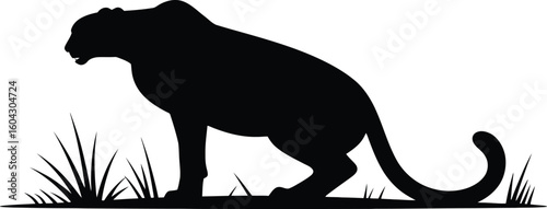 Prowling Panther in Tall Grass Silhouette on Black Background
