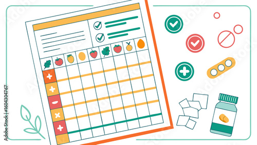 Health and wellness tracker a visual guide to monitoring diet medication and progress with checklists and fruit icons