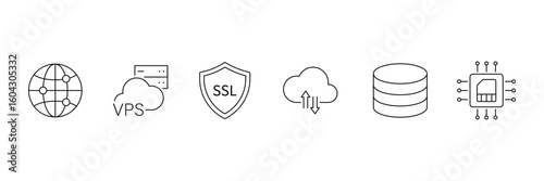 Web hosting line icon set. Containing internet, cloud computing, server, database, SSL, FTP, domain, firewall, data hosting, website and more. Editable line icons. Vector illustration.