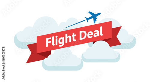 Red ribbon banner announces a flight deal, perfect for travel agencies and websites needing to advertise affordable airfare and promote flight bookings.