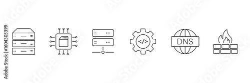 Web hosting line icon set. Containing internet, cloud computing, server, database, SSL, FTP, domain, firewall, data hosting, website and more. Editable line icons. Vector illustration.
