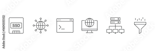 Web hosting line icon set. Containing internet, cloud computing, server, database, SSL, FTP, domain, firewall, data hosting, website and more. Editable line icons. Vector illustration.