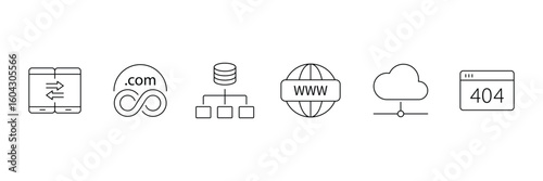 Web hosting line icon set. Containing internet, cloud computing, server, database, SSL, FTP, domain, firewall, data hosting, website and more. Editable line icons. Vector illustration.