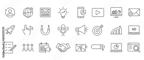 Digital marketing line icon set. Social media marketing icon collection set. Containing website, promote, product, digital, e-marketing, online advertising. Vector illustration.