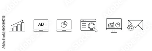 Digital marketing line icon set. Social media marketing icon collection set. Containing website, promote, product, digital, e-marketing, online advertising. Vector illustration.