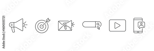 Digital marketing line icon set. Social media marketing icon collection set. Containing website, promote, product, digital, e-marketing, online advertising. Vector illustration.