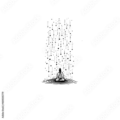 A person meditating in lotus position with a stream of dots falling above them in a black and white scene