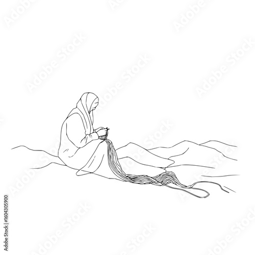 Woman in hijab sitting and weaving with thread in a bowl on a hill in a minimalist line drawing style