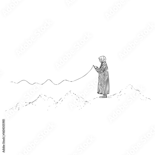 A figure in a robe stands on a sketched landscape holding a string that stretches across the scene in black ink