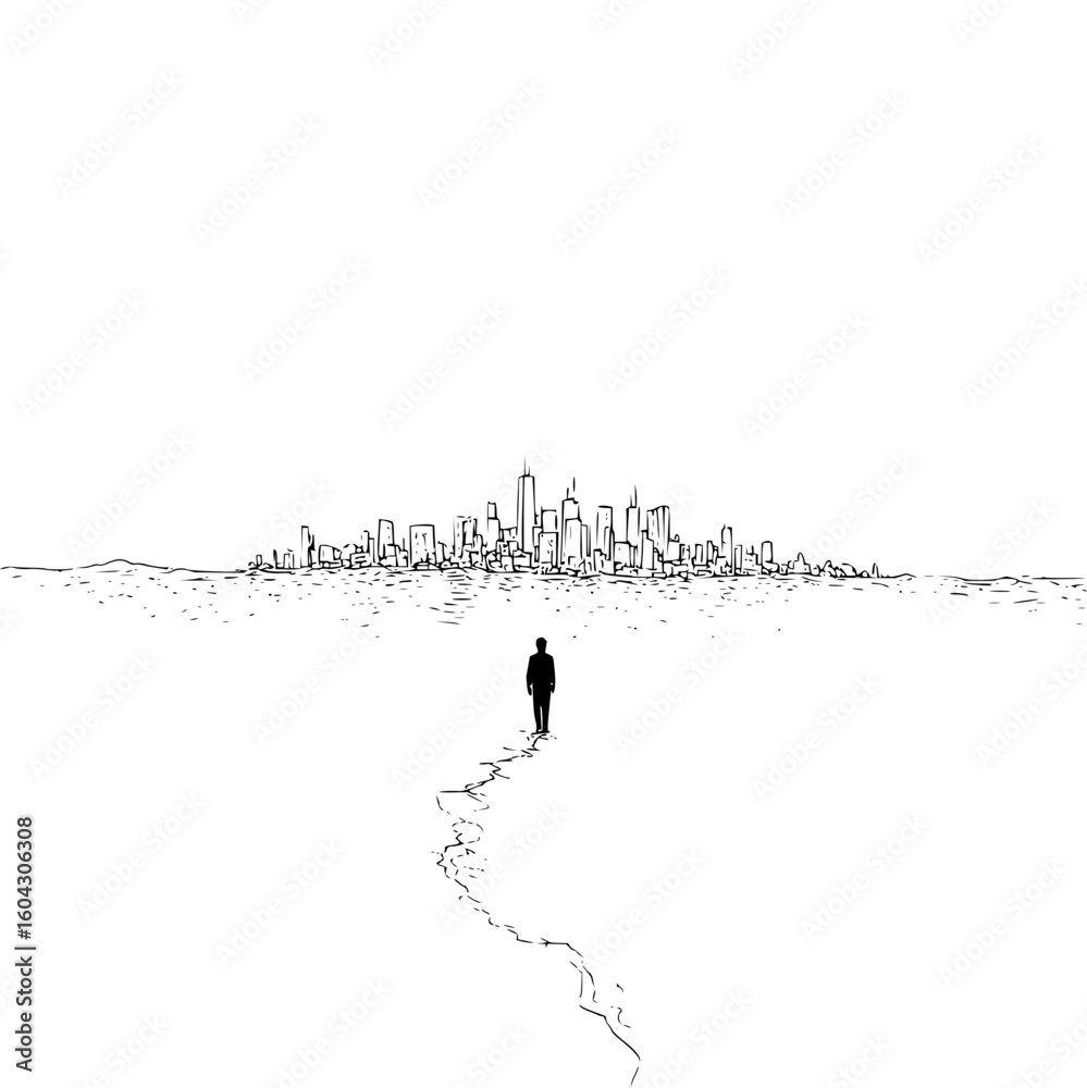 Obraz premium A lone figure walking toward a distant city skyline on a cracked path in a black and white illustration