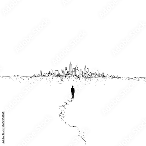 A lone figure walking toward a distant city skyline on a cracked path in a black and white illustration
