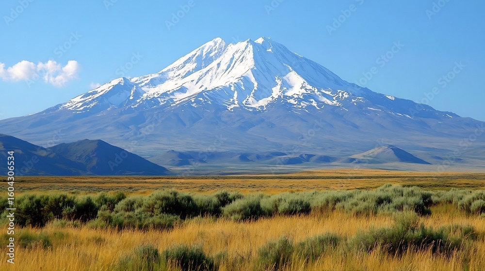 Fototapeta premium Vibrant steppe landscape stretching distant snow capped peaks no human no labelling no logo