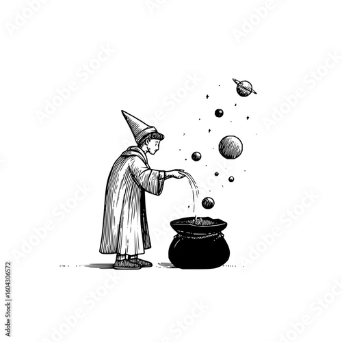 A wizard in a robe and hat pouring planets and stars into a cauldron on a white background illustration