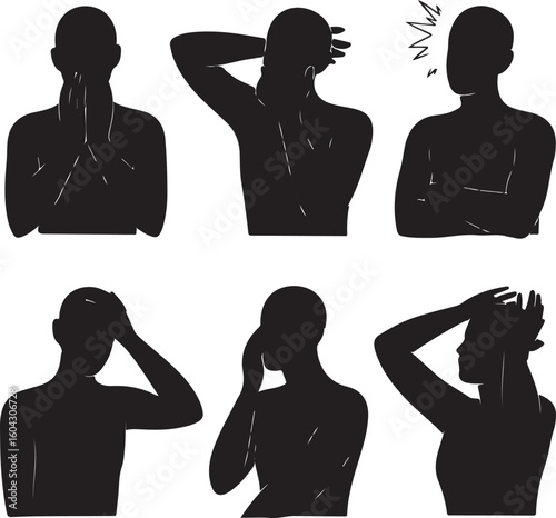 Human silhouettes showing distress and contemplation black white