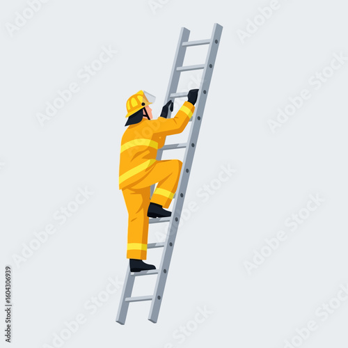 Firefighter Climbing Ladder in Protective Yellow Uniform on Grey Background