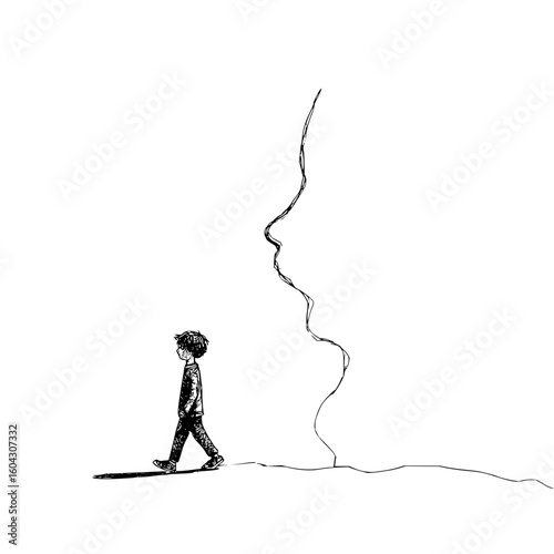 A drawing of a boy walking with a shadow and a large face outline in the background on a white surface
