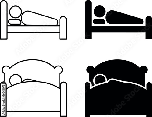 Person sleeping in bed icons rest comfort hotel home