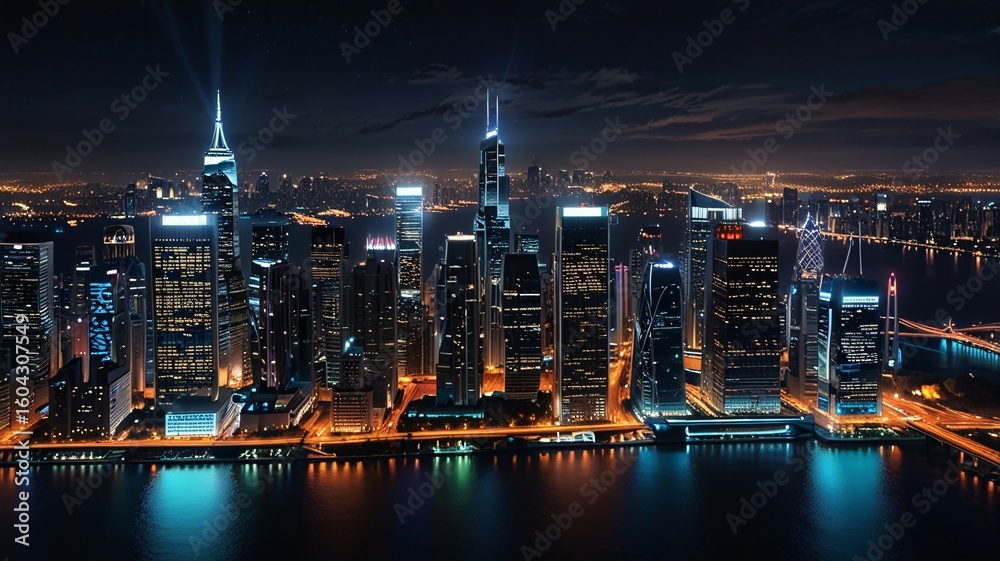 Naklejka premium Futuristic Neon Cityscape at Night with Glowing Skyscrapers V2