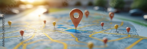 Sunlit map dotted with push pins, symbolizing planning an adventure, setting goals, and exploring new places.