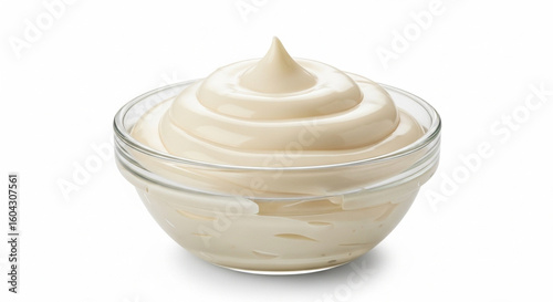 Creamy mayonnaise swirled in a clear glass bowl on a white backdrop