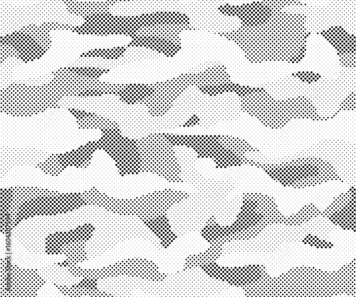 Abstract halftone seamless camouflage pattern. Repeating digital dotted hexagonal camo military texture background. Abstract modern fabric textile ornament. Vector illustration.