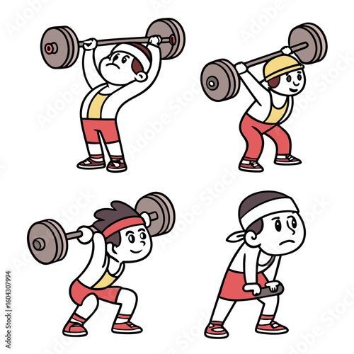 Four cartoon characters performing different weightlifting exercises with barbells showcasing strength training and fitness activities in a playful style