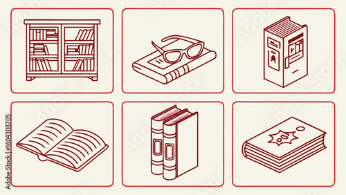 Book Reading & Library Icon Set – Rustic Brown Vector Icons for Literature, Study, and Education