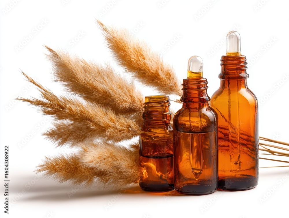 Fototapeta premium Amber Glass Bottles with Droppers and Pampas Grass on White Background