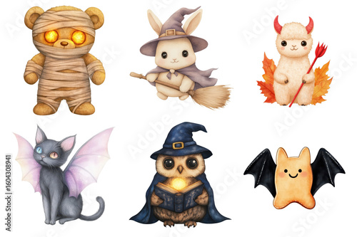 Wallpaper Mural Watercolor illustrations featuring six Halloween cartoon animals bear mummy witch rabbit devil alpaca winged cat wizard Torontodigital.ca