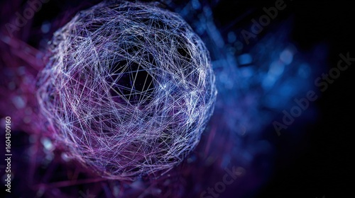 A vivid color photograph of an abstract sphere made up of many thin lines, set against a black background with blue and purple hues.