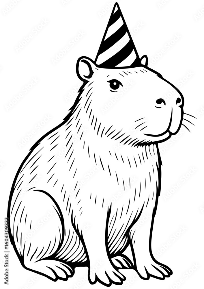 Obraz premium Black and white vector illustration of a capybara wearing a festive party hat. Perfect for engraving, laser cut, prints, tattoos, and creative designs