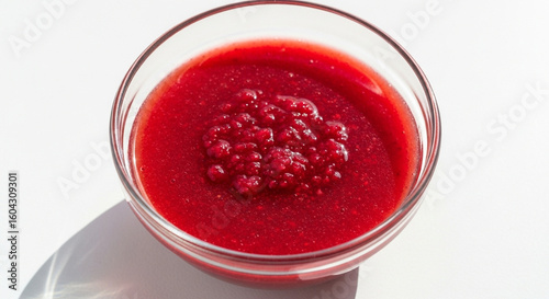 Wallpaper Mural Red raspberry sauce in a glass bowl some berries on top set on a white surface Torontodigital.ca