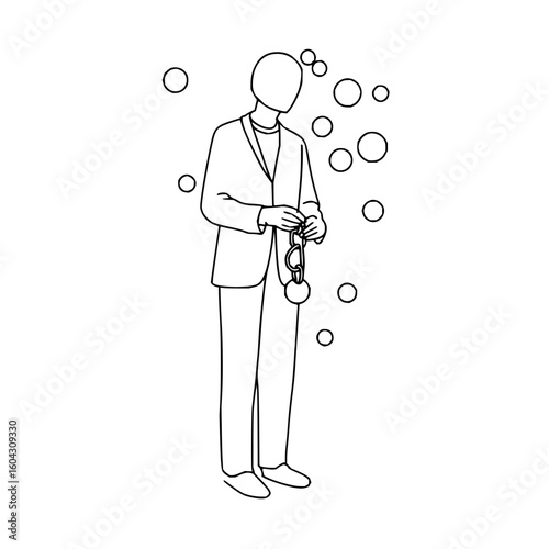 A faceless man in a suit holding a chain with circles surrounded by floating circles in black and white