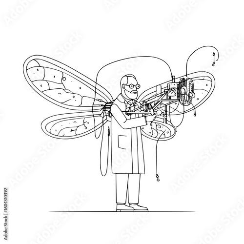 Illustration of a scientist with glasses and a mustache standing with butterfly wings device around him