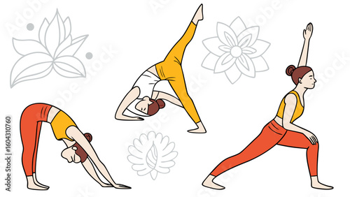 Three women performing diverse yoga poses demonstrating flexibility strength and balance with decorative floral elements in the background