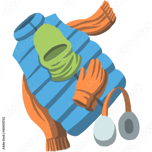 A graphic illustration showing a collection of essential winter clothing items for staying warm in cold weather