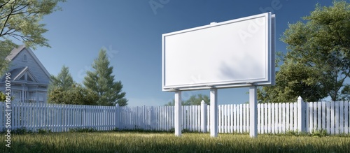 Wallpaper Mural Blank billboard stands prominently in a grassy yard near a quaint house under a clear blue sky offering advertising possibilities. Torontodigital.ca