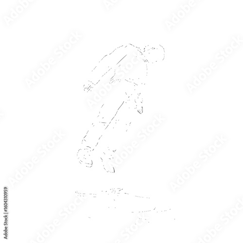 A sketch of a person in mid air performing a trick on a skateboard with a white background visible here