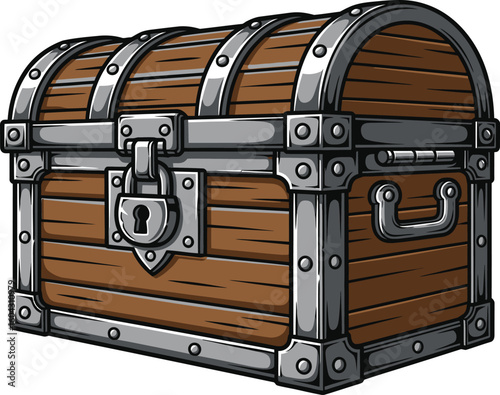  Detailed cartoon treasure chest, complete with a heavy padlock and robust metal reinforcements. The illustration features a classic design, perfect for games, animations, or educational materials.