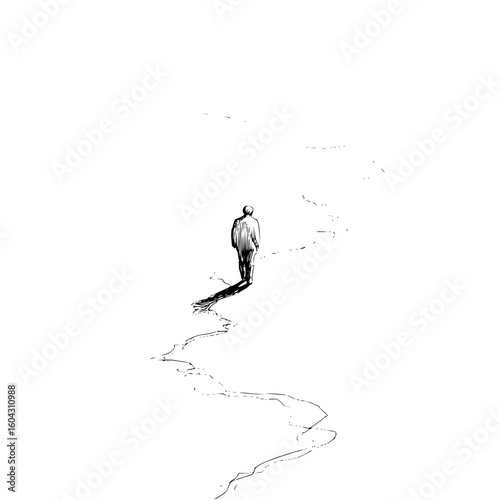 A lone figure walks away on a winding path in a minimalist black and white sketch illustration style drawing