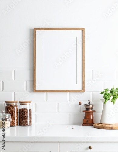 Interior Design Mockup with Blank Picture Frame in Kitchen